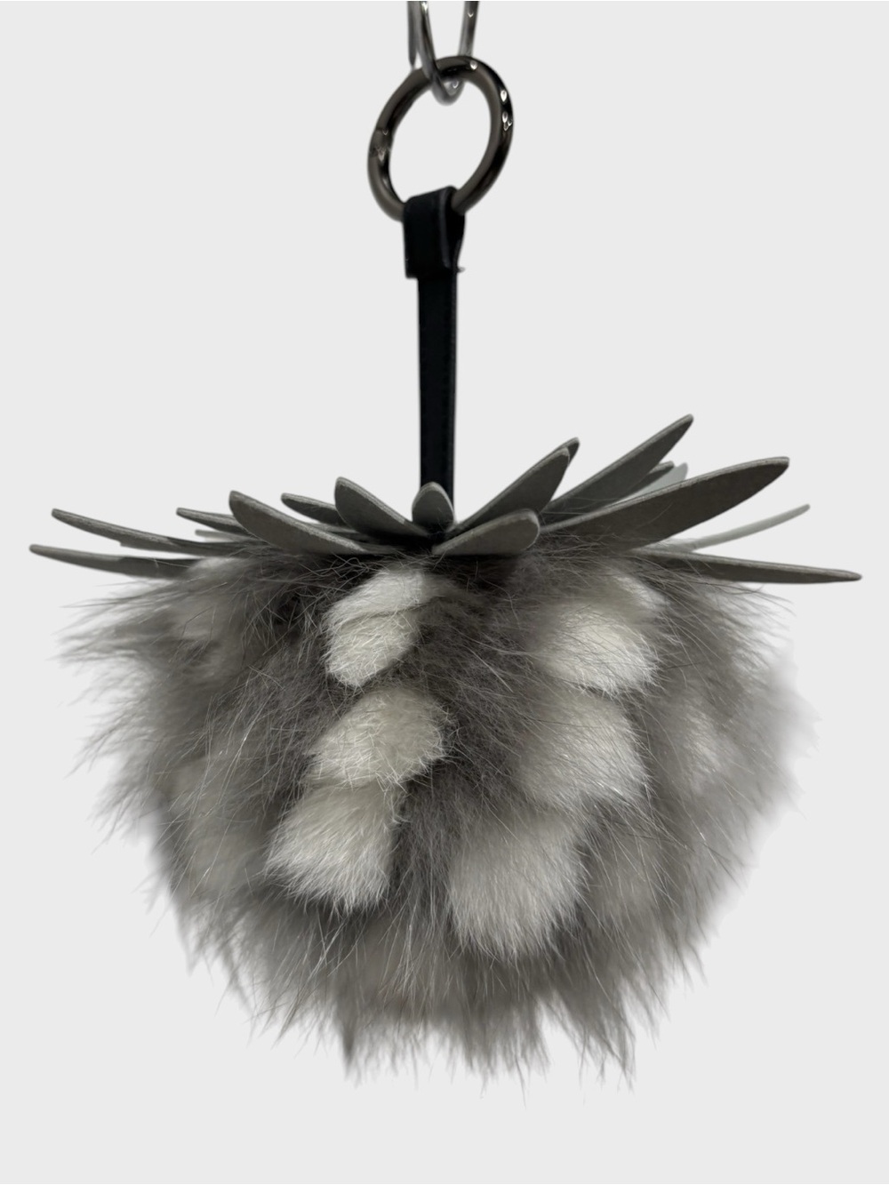 Gray and White Real Fur Pom Pom Keychain Charm